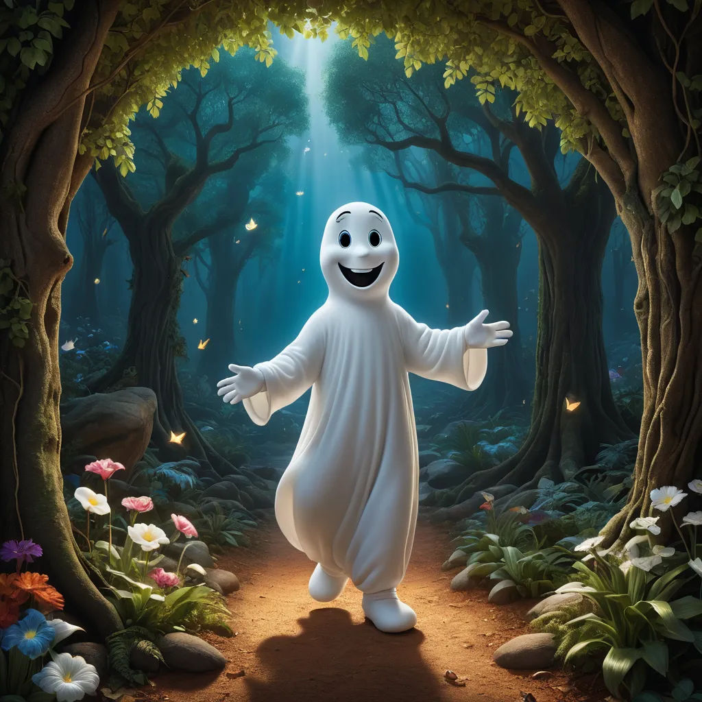 a cartoon character dressed in a ghost costume standing in a forest with flowers and trees around him, with a glowing light coming from behind him, magical realism, a detailed matte painting, Chris LaBrooy, promotional image