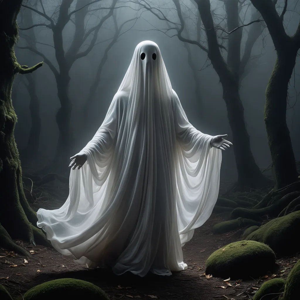 a ghost in a forest with trees and moss on the ground, with a light shining on the ghost, gothic art, a character portrait, Dirk Crabeth, haunting