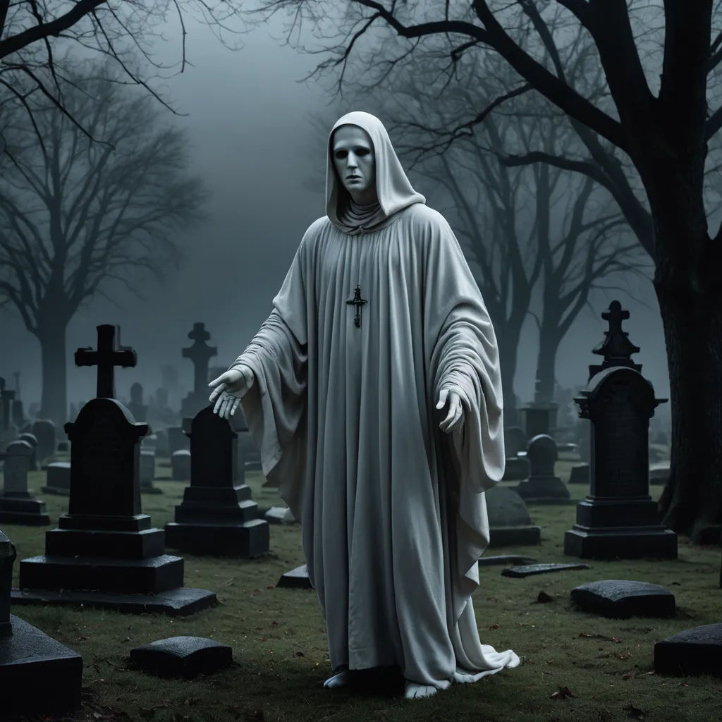 a statue of a nun in a cemetery with trees in the background and a cemetery with tombstones in the foreground, gothic art, a matte painting, Dirk Crabeth, death