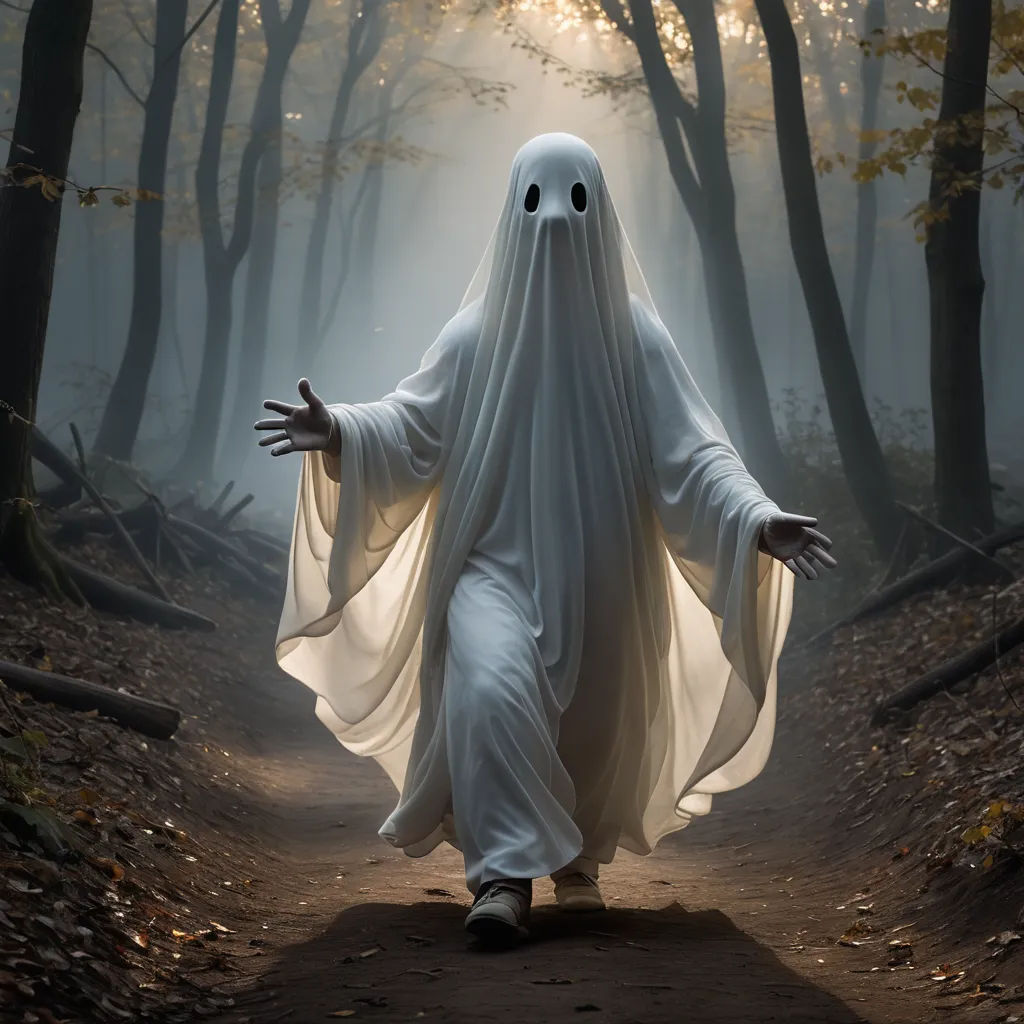 a ghost is walking through a forest with trees and leaves on the ground, with his arms outstretched, and eyes closed, shock art, a character portrait, Dirk Crabeth, ultra realistic digital art