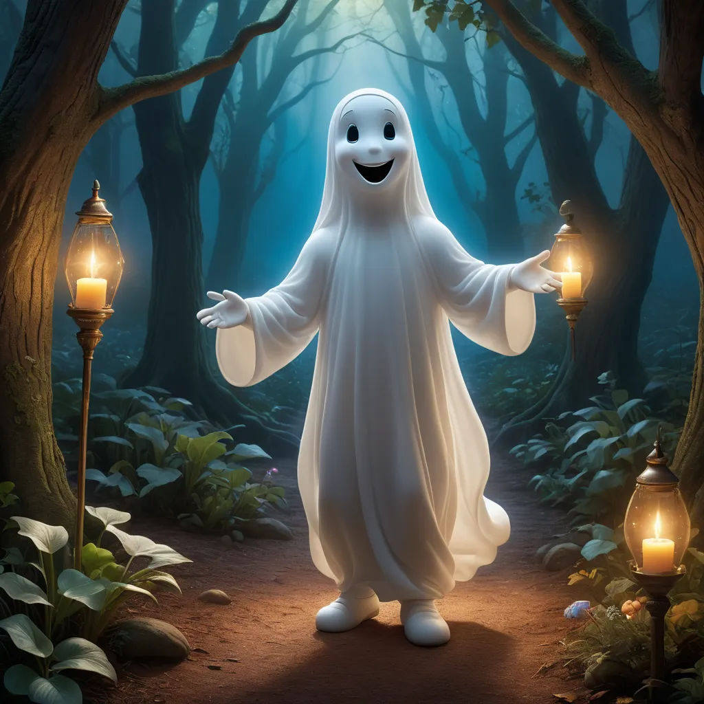 a ghost is standing in a forest with two lanterns in his hands and a lantern in his hand, with a glowing smile on his face, shock art, concept art, Chris LaBrooy, promotional image