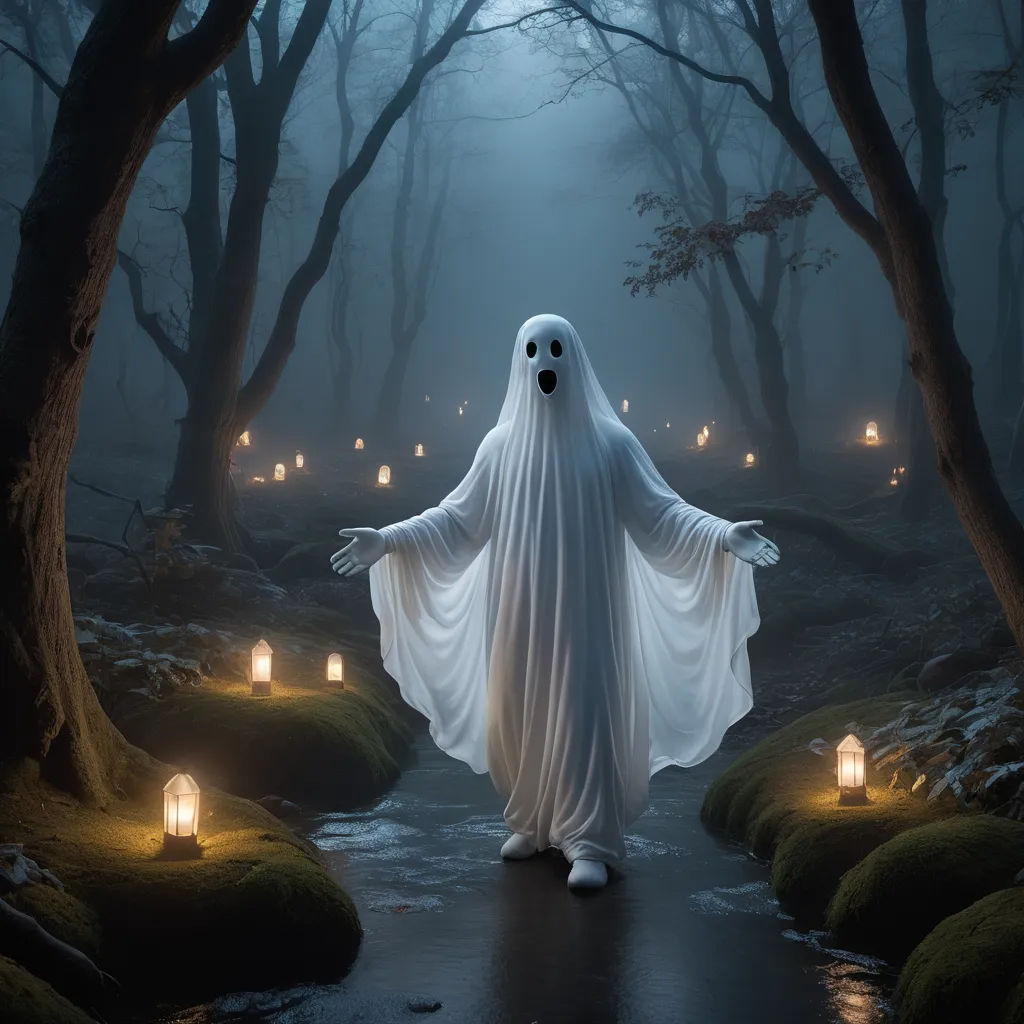 a ghost is standing in a forest with candles in it's hands and a ghost is standing in the middle of the forest, art photography, a digital painting, Dirk Crabeth, ultra realistic digital art