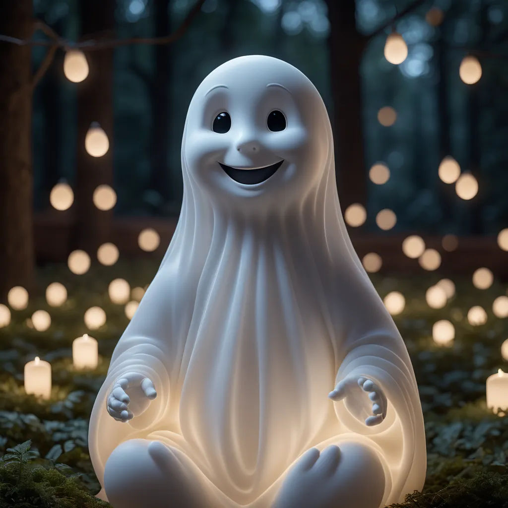 a white ghost sitting in the middle of a forest with candles around it and a forest of lights behind it, figurativism, a statue, David Budd, path traced