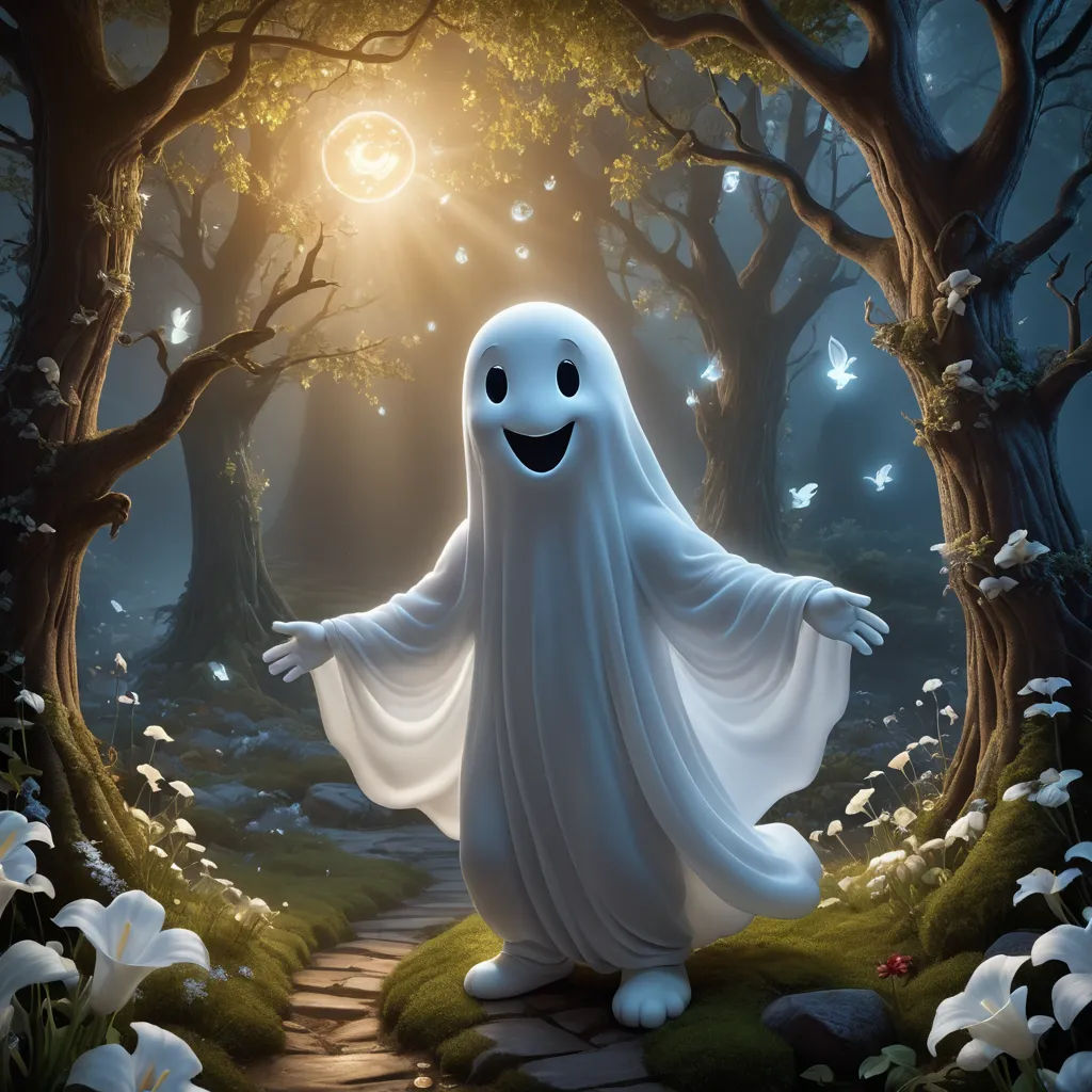 a ghost is walking through a forest with white flowers and butterflies around it, with a glowing light shining on the ground, fantasy art, a digital painting, Chris LaBrooy, highly detailed digital painting