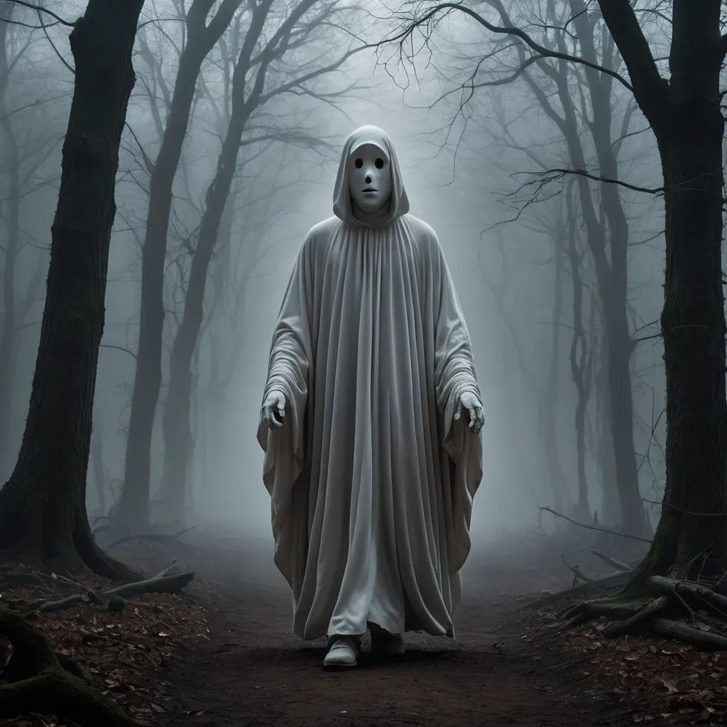 a ghostly figure in a dark forest with trees in the background and fog in the air, with a ghostly figure in the foreground, rayonism, poster art, Dirk Crabeth, promotional image