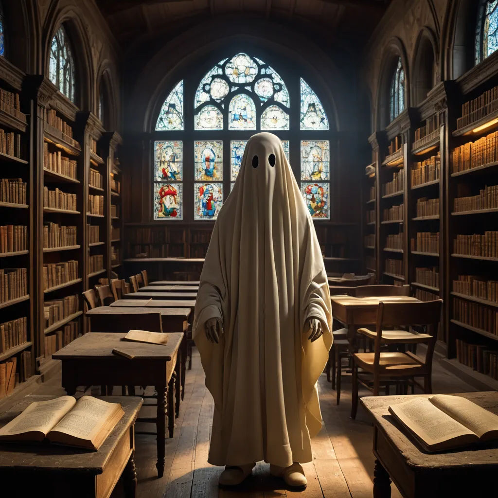 a ghost in a library with many books on the shelves and a stained glass window behind it, with a ghost in the middle of the room, academic art, a character portrait, Dirk Crabeth, promotional image