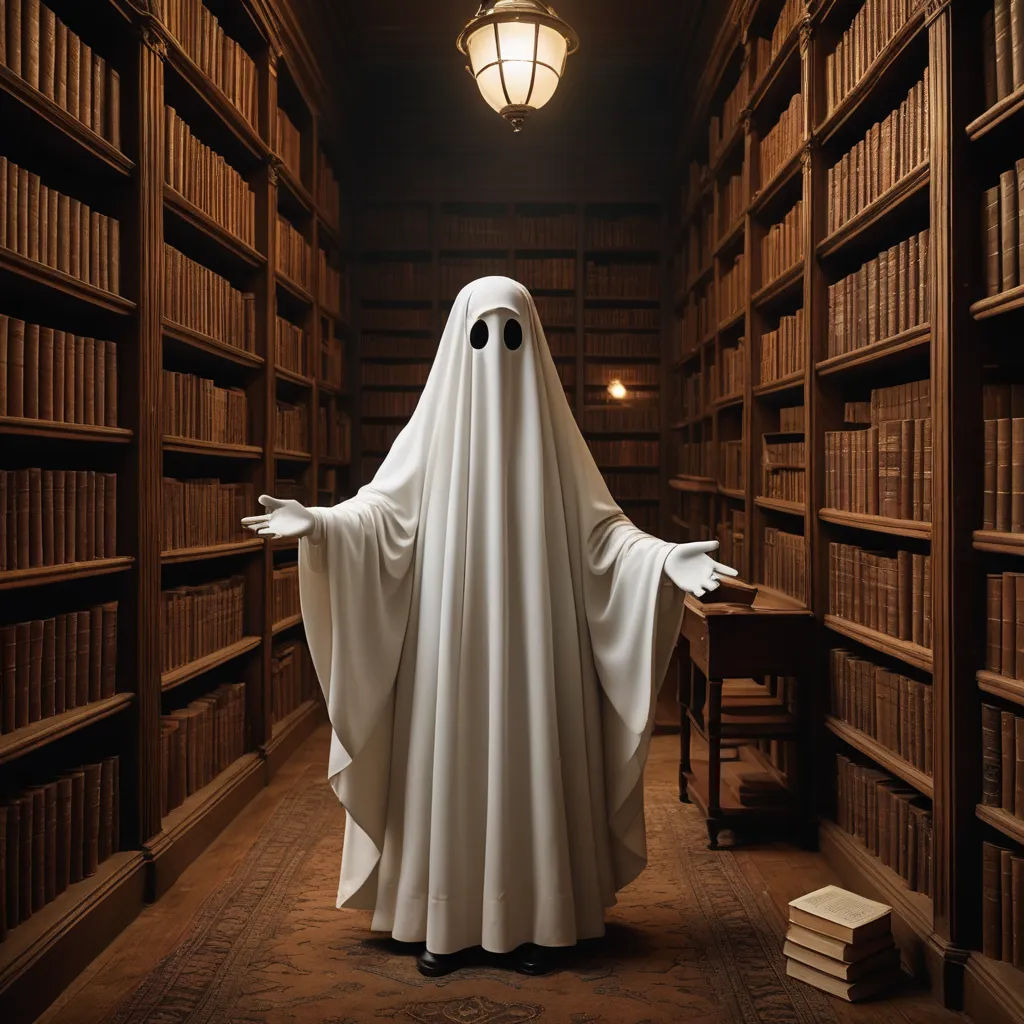 a ghost in a library with bookshelves and a lamp on the floor and a chair in front of it, conceptual art, a character portrait, Chris LaBrooy, haunting