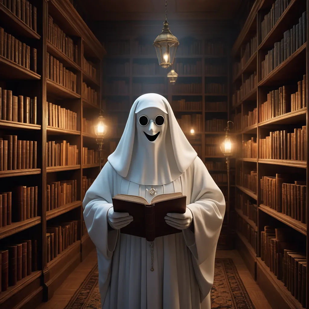 a ghost reading a book in a library with a lamp in the background and a bookcase full of books, rayonism, a character portrait, Dirk Crabeth, promotional image