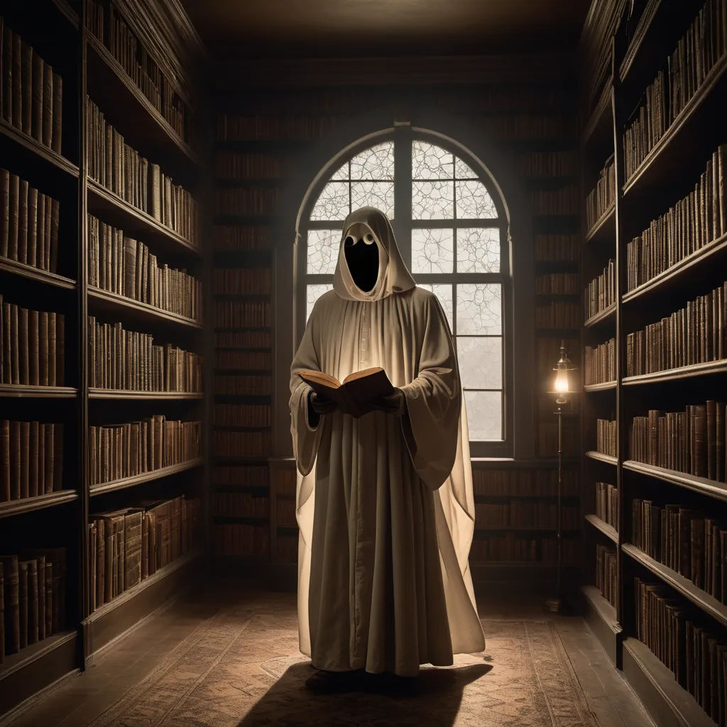 a person in a robe and hood standing in a library with a book in his hands and a light shining through the window, fantasy art, a storybook illustration, Dirk Crabeth, haunting