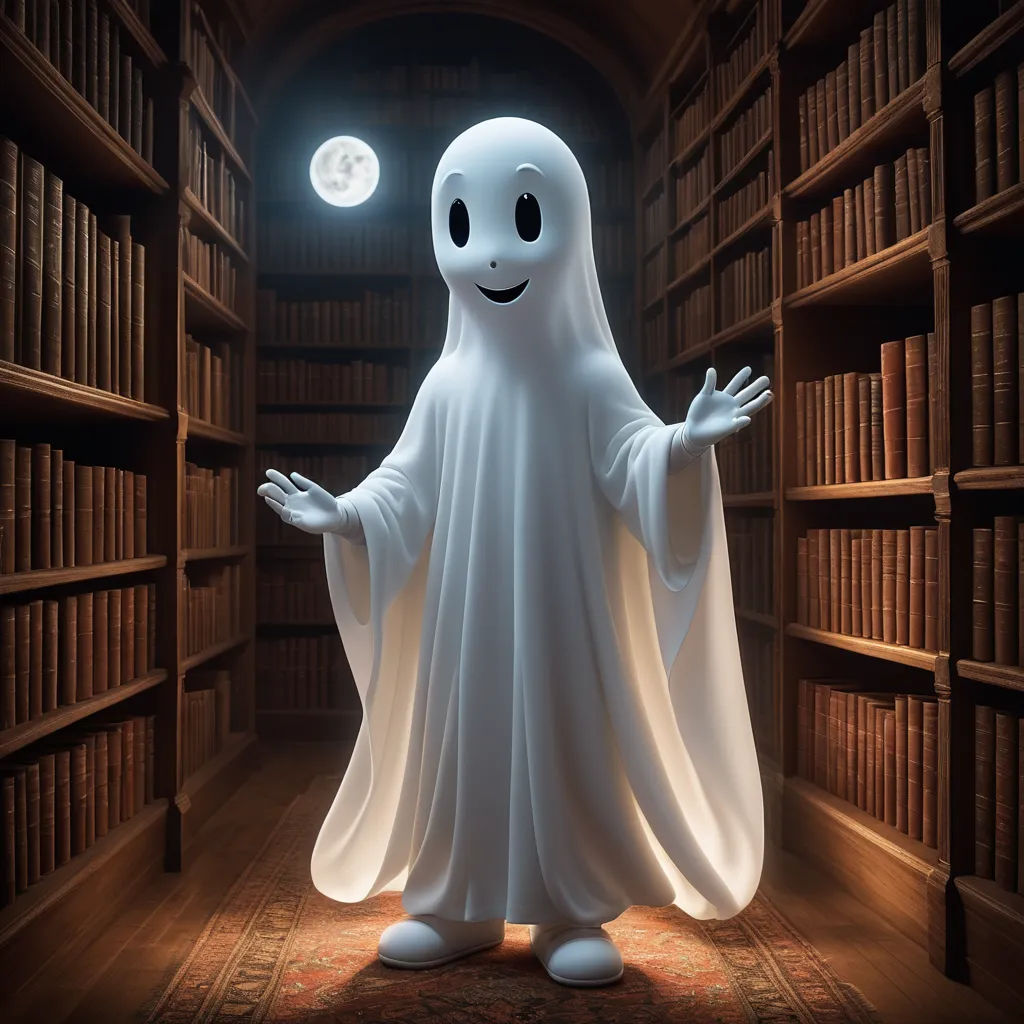a ghost standing in a library with bookshelves in the background and a full moon in the sky, rayonism, a character portrait, Chris LaBrooy, ultra realistic digital art