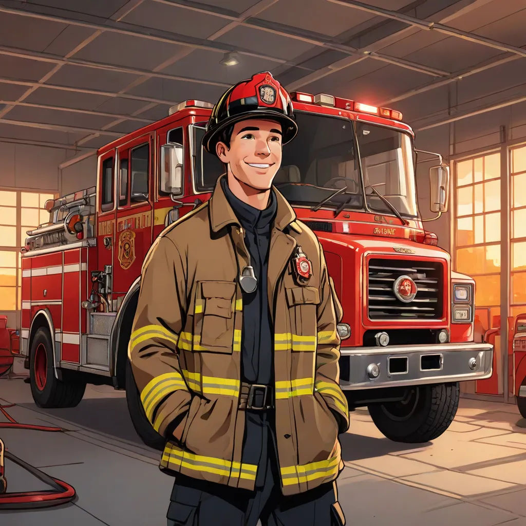 a fireman standing in front of a fire truck in a garage with a fire hose in his hand, a character portrait, Dan Scott, american scene painting, official art