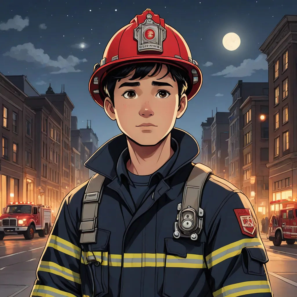 a fireman standing in the middle of a city at night with a full moon in the background and a fire truck in the foreground, a comic book panel, David Park, american realism, official art
