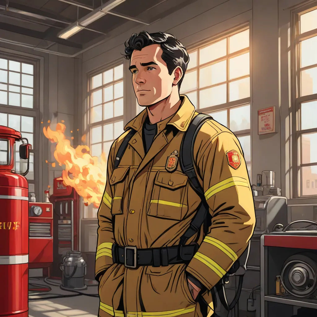 a man in a fireman's uniform standing in a fire station with a fire extinguisher, a character portrait, Edward Otho Cresap Ord, II, american realism, official art