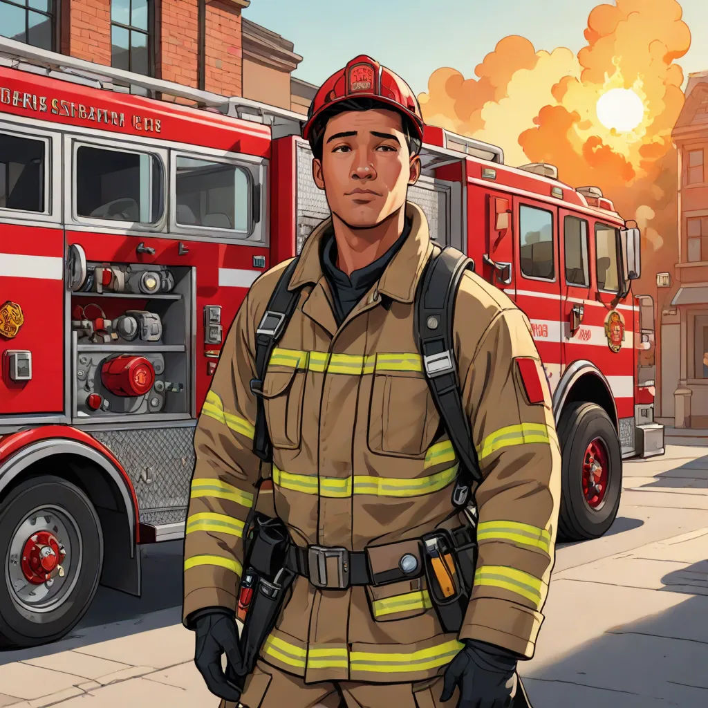 a fireman standing in front of a fire truck on a city street with a fire in the background, a character portrait, Chris LaBrooy, american realism, promotional image