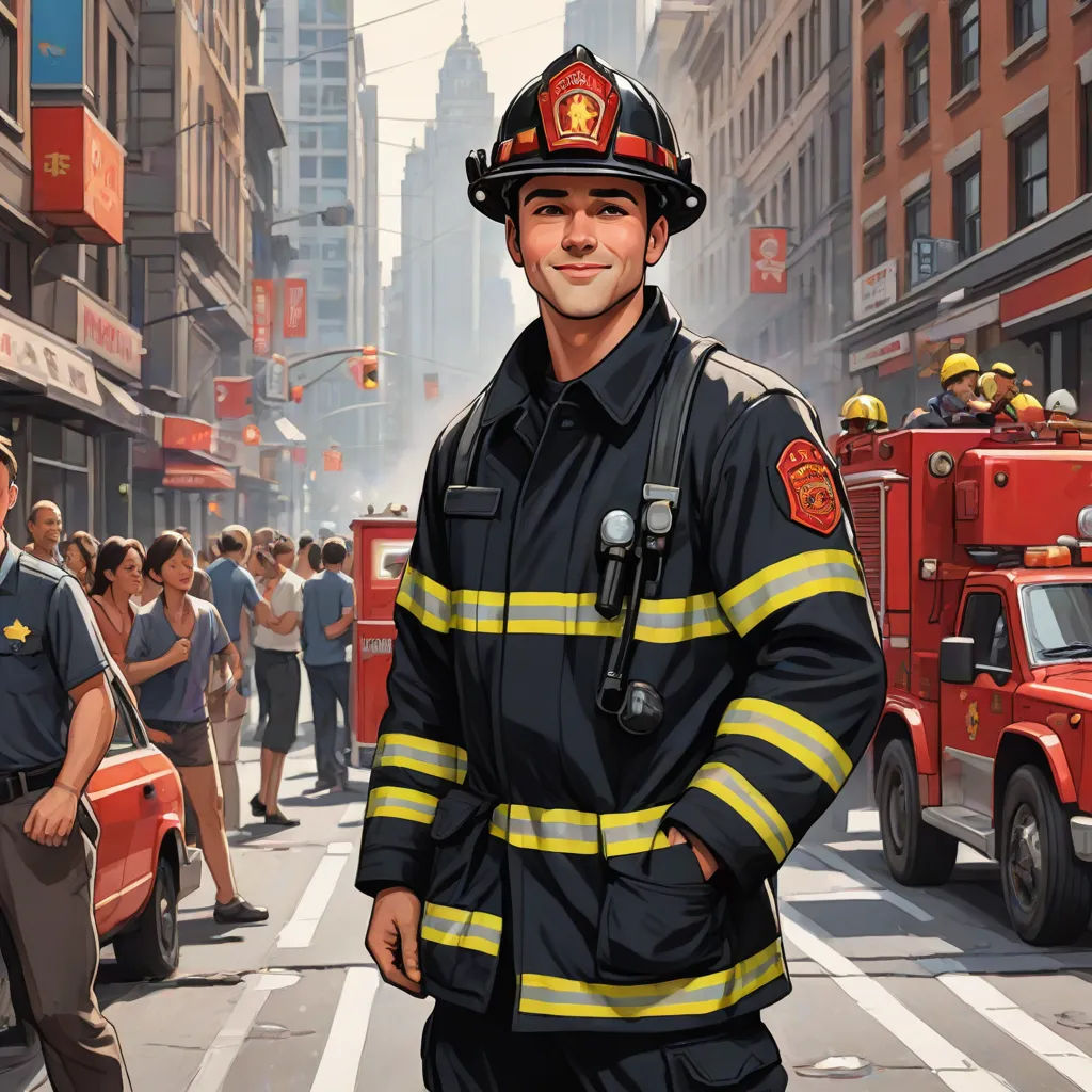 a man in a fireman's uniform standing in the middle of a street with a crowd of people, a storybook illustration, Chris LaBrooy, american scene painting, highly detailed digital painting