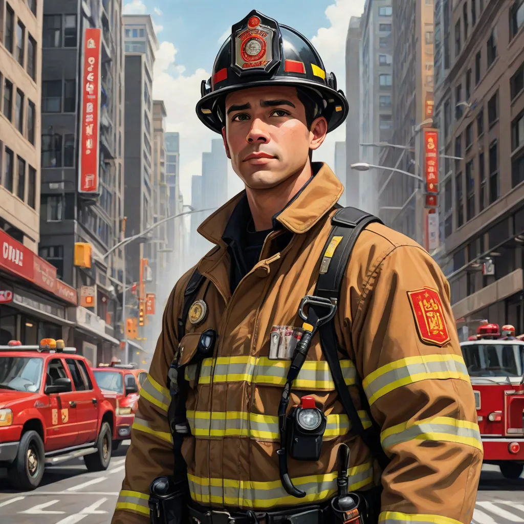 a fireman standing in the middle of a city street with a fire truck in the background and a red fire truck in the foreground, a hyperrealistic painting, Donato Giancola, american scene painting, highly detailed digital painting