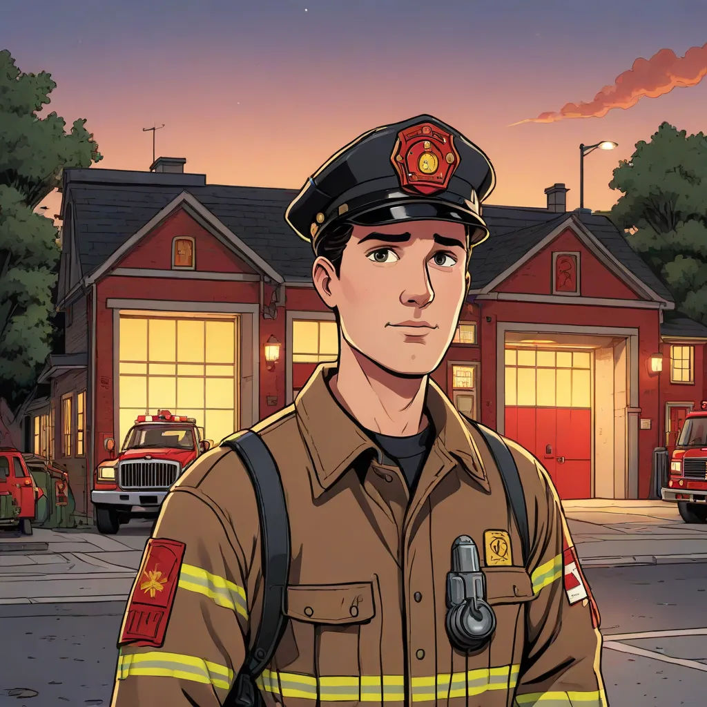 a fireman standing in front of a fire station at night with a fire truck in the background and a fire truck in the foreground, a comic book panel, Chip Zdarsky, american realism, official art