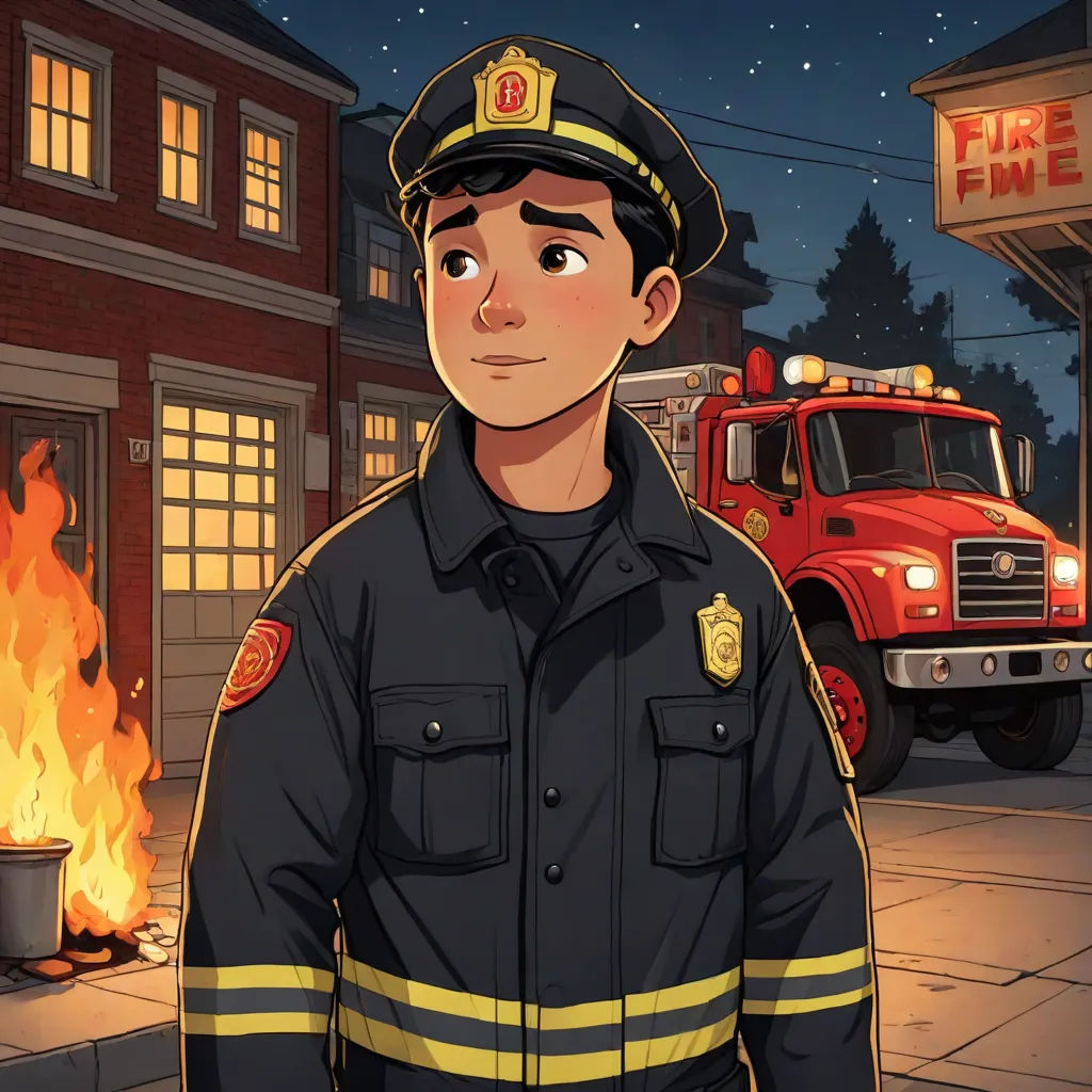 a firefighter standing in front of a fire truck in a cartoon style, with a fire truck in the background, concept art, Chris LaBrooy, american scene painting, official art