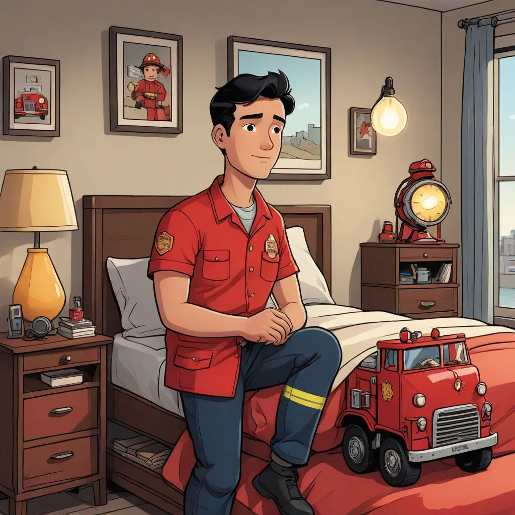 a cartoon of a man in a red uniform sitting on a bed with a toy fire truck in front of him, concept art, Anson Maddocks, institutional critique, official art