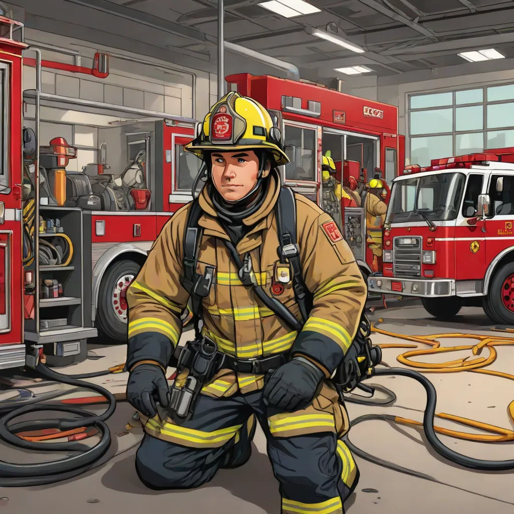a fireman kneeling down in front of a fire truck with a hose in his hand and a fire hose in his other hand, a comic book panel, Dan Mumford, american scene painting, highly detailed digital painting