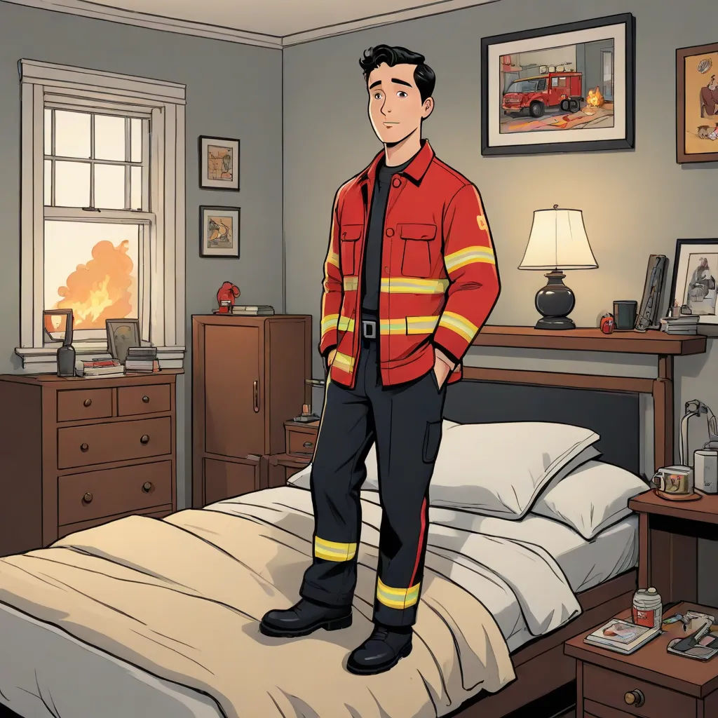 a man in a fireman's uniform standing on a bed in a bedroom with a fire truck in the background, a comic book panel, Chip Zdarsky, sots art, official art