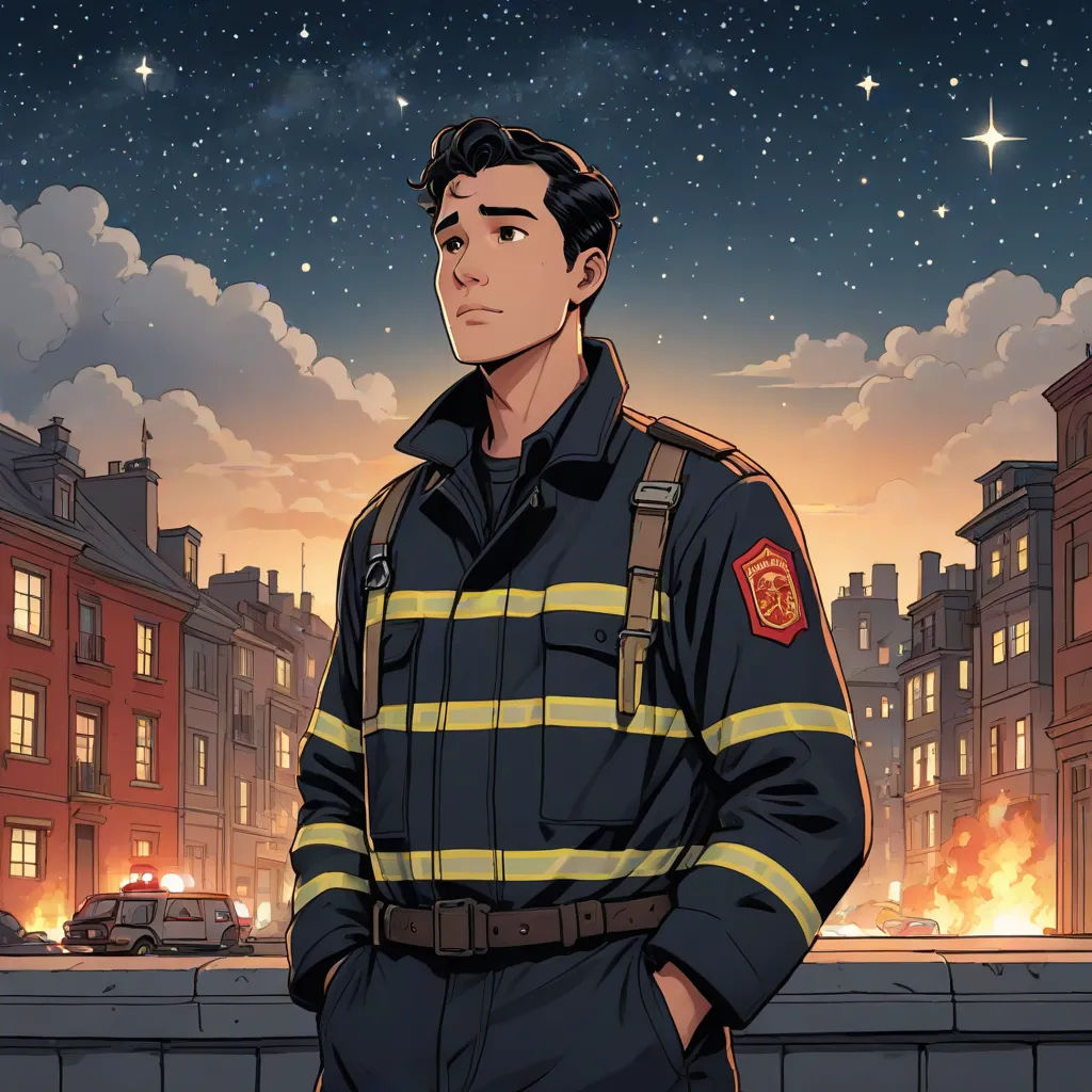 a man in a fireman's uniform standing in front of a cityscape at night with a fire, a comic book panel, David Park, serial art, official art