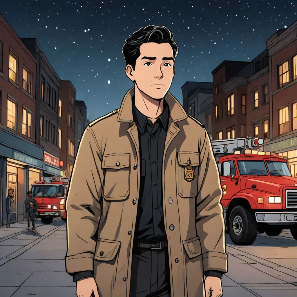 a man in a brown jacket standing on a street at night with a fire truck in the background and a man in a black shirt and tan jacket, a character portrait, David Park, serial art, official art