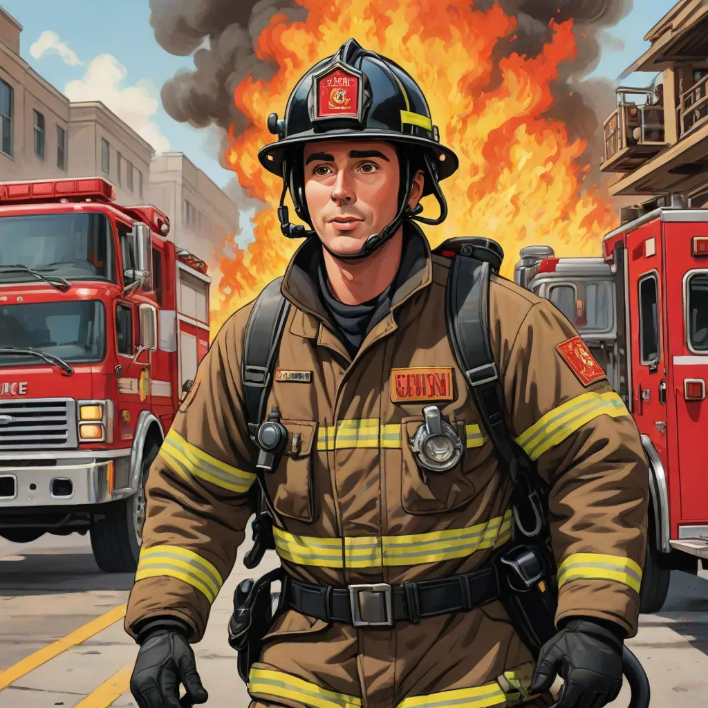a fireman is standing in front of a fire truck and a fire truck in the background with a fire, a comic book panel, F Scott Hess, american scene painting, official art
