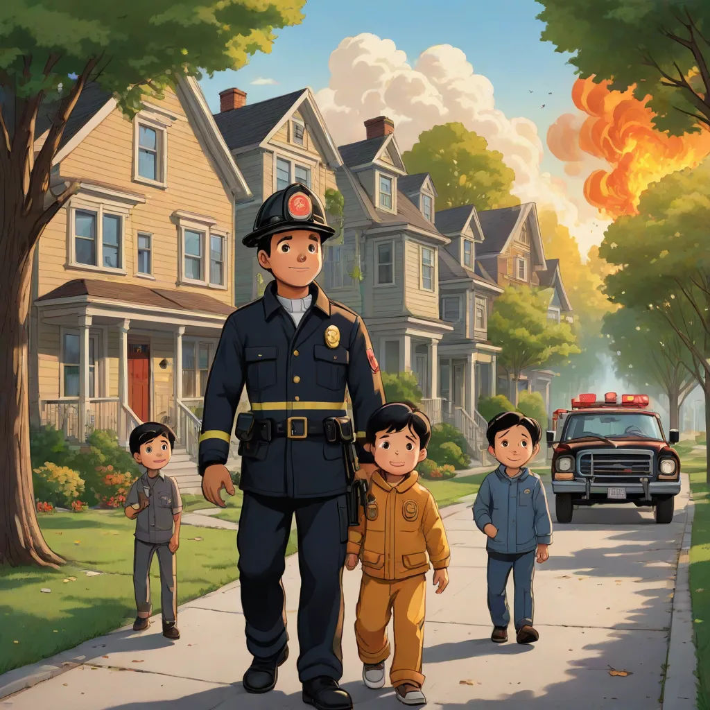 a cartoon of a fireman and two children walking down a street with a fire truck in the background, a comic book panel, Aaron Jasinski, american realism, official art
