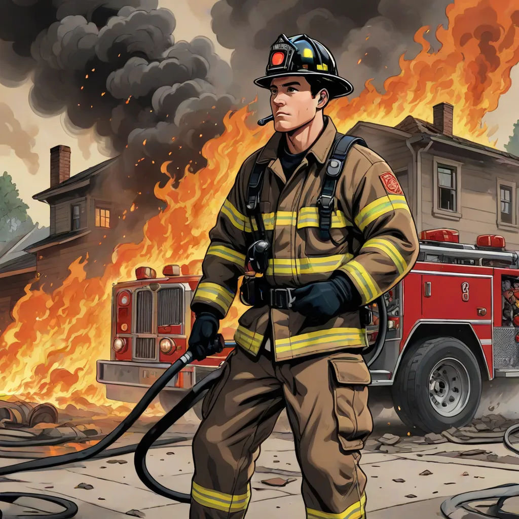 a firefighter standing in front of a fire with a hose in his hand and a house on fire in the background, a comic book panel, F Scott Hess, american scene painting, comic cover art