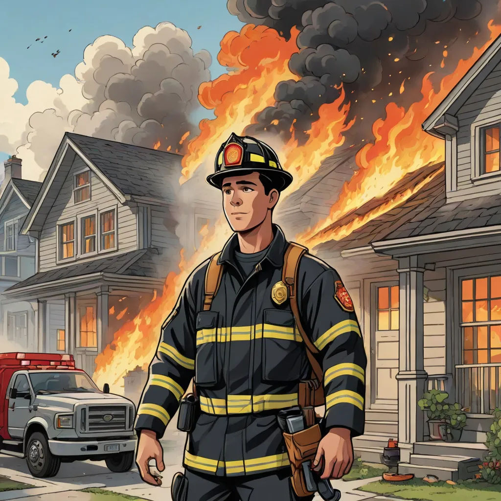 a fireman standing in front of a fire that is raging out of a house on fire in the background, a comic book panel, Chris LaBrooy, american realism, comic cover art