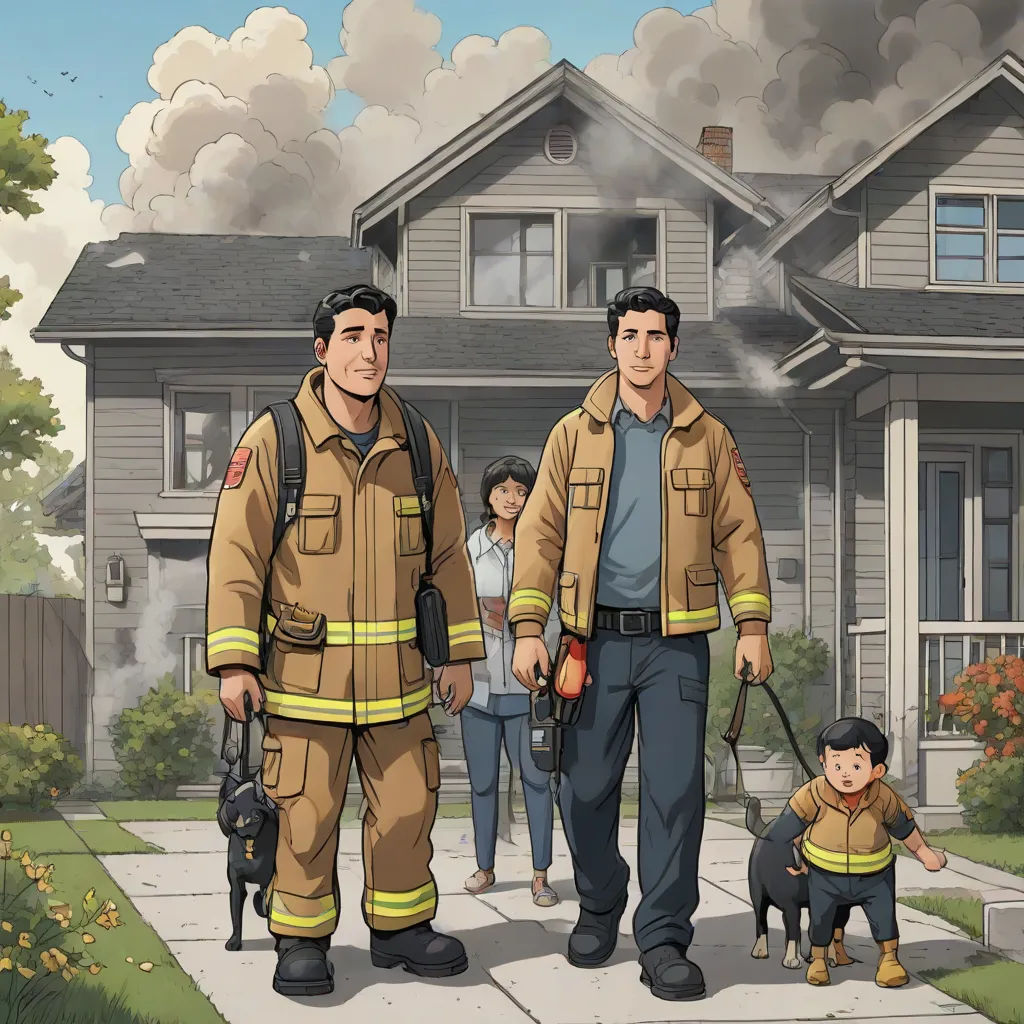 a couple of people that are walking a dog in front of a house with a fireman and a woman, a storybook illustration, F Scott Hess, american realism, official art