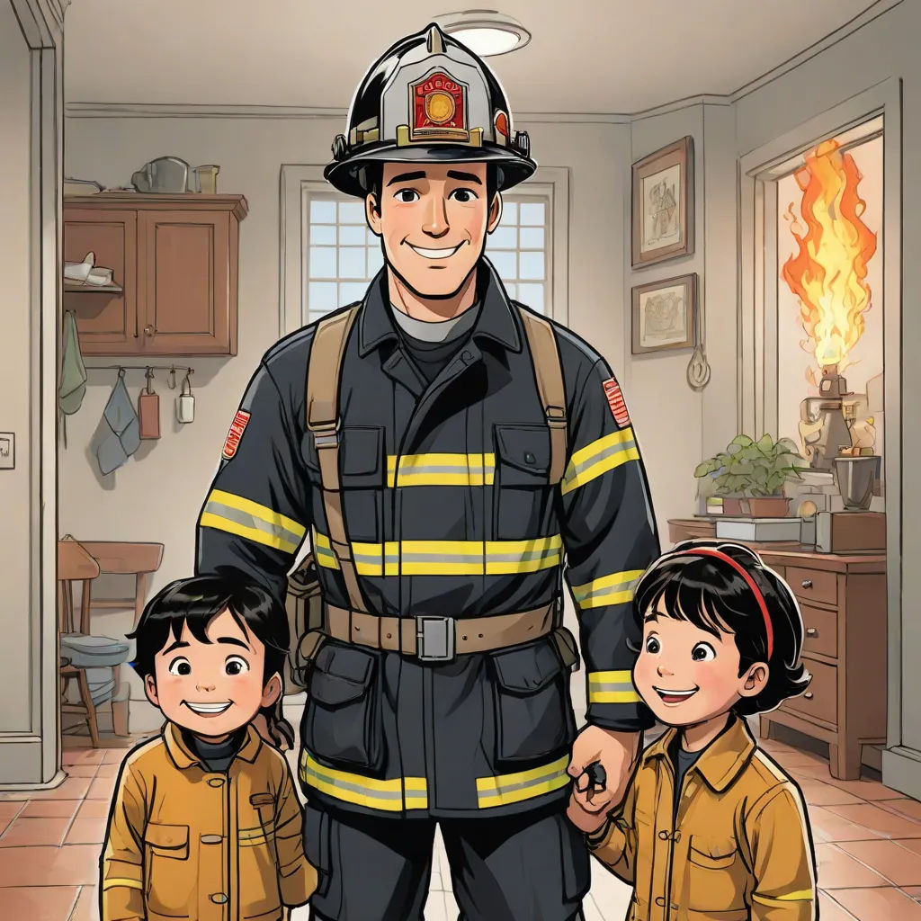 a fireman standing next to two children in a room with a fire hose on his head and a fire hose on his chest, a storybook illustration, Art Fitzpatrick, fantastic realism, official art