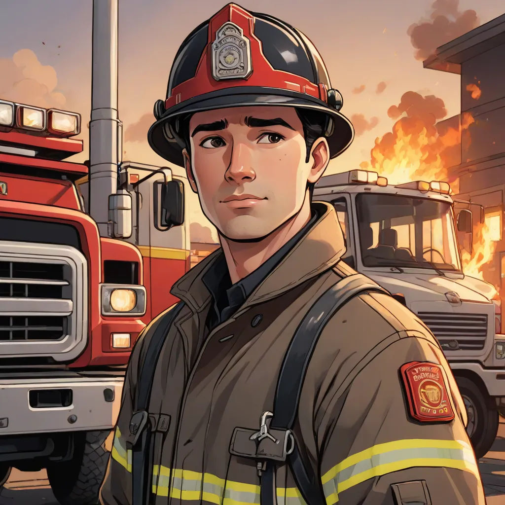 a fireman standing in front of a fire truck in a city street with a fire in the background, a comic book panel, David Park, furry art, comic cover art