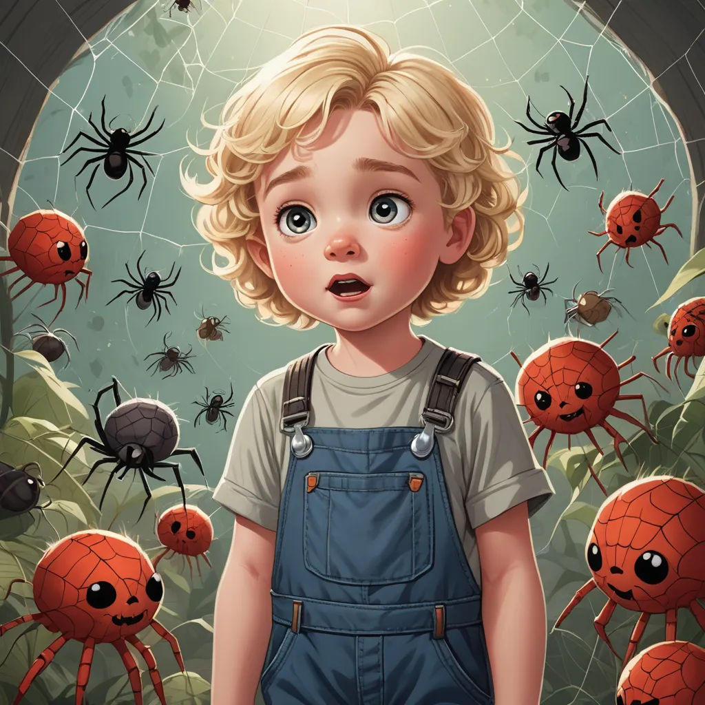 a little boy standing in front of a bunch of red spider's in a room with a window, sots art, a storybook illustration, Aaron Jasinski, big eyes
