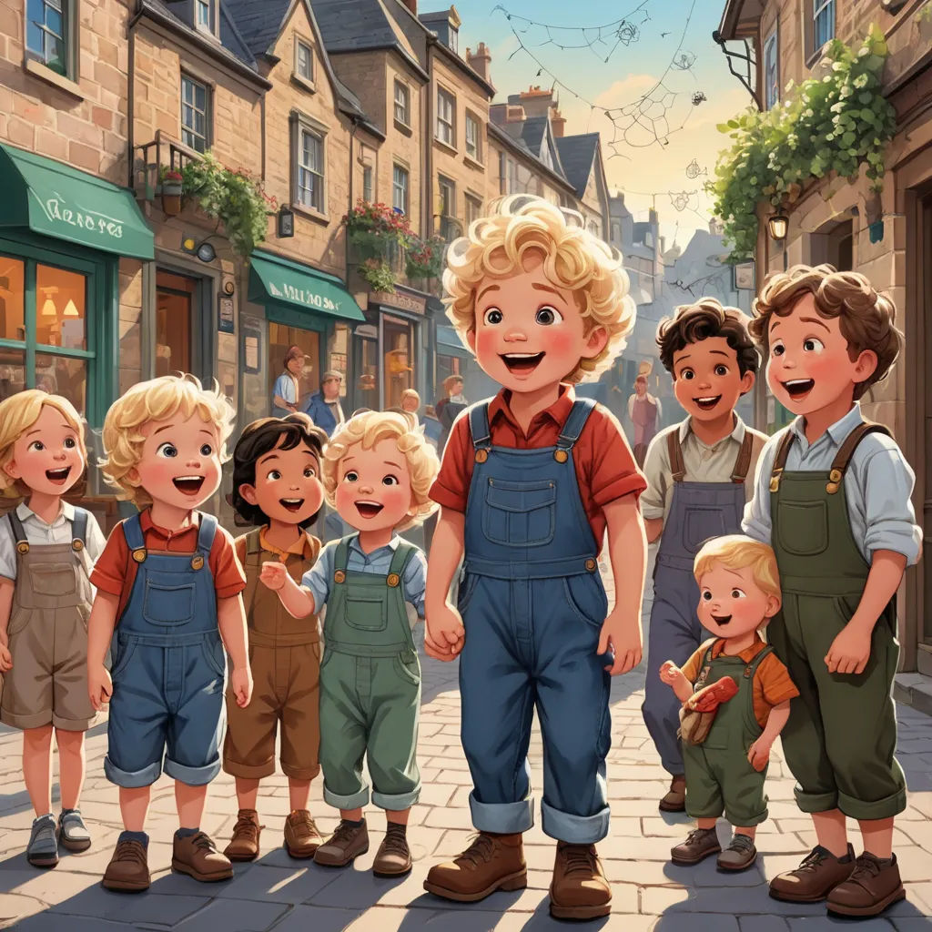 a group of children standing in front of a store front with a man in overalls and a boy in overalls, paris school, a storybook illustration, Brothers Hildebrandt, official art