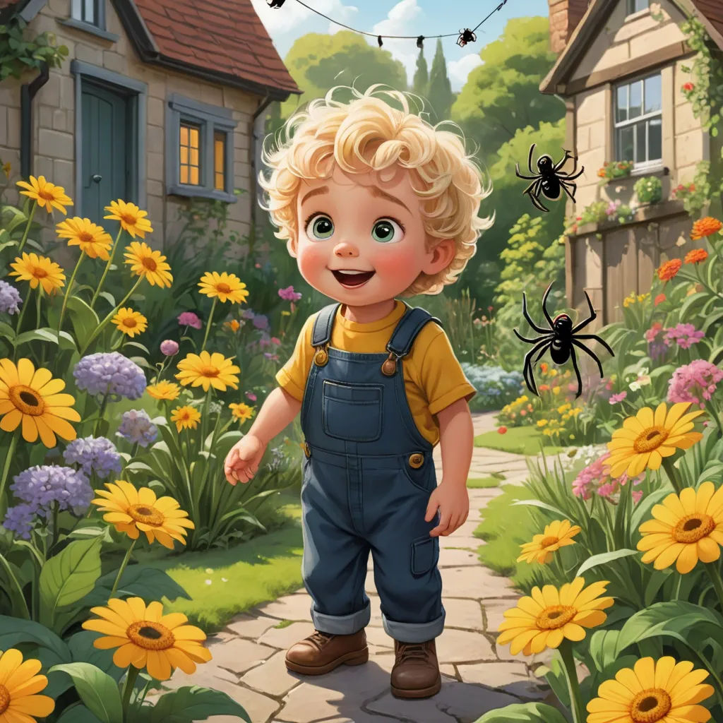 a cartoon boy standing in a garden with a spider hanging from a wire above him and a house in the background, photorealism, a storybook illustration, Alejandro Burdisio, storybook illustration