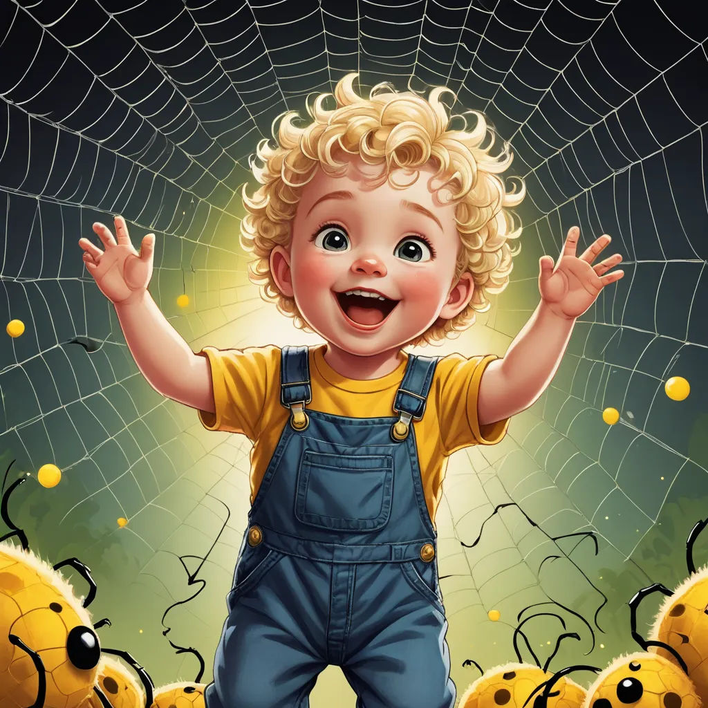 a little boy standing in front of a web of yellow balls and smiling at the camera with his hands up, fantasy art, a storybook illustration, Aaron Jasinski, highly detailed digital painting