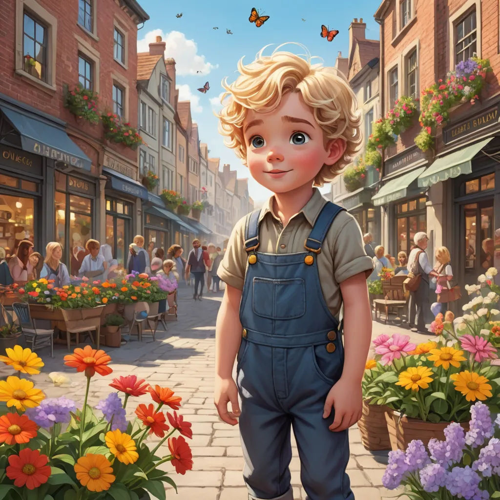 a painting of a boy standing in front of a flower shop with a butterfly flying over him and a crowd of people walking around, magic realism, a storybook illustration, Cliff Childs, kinkade