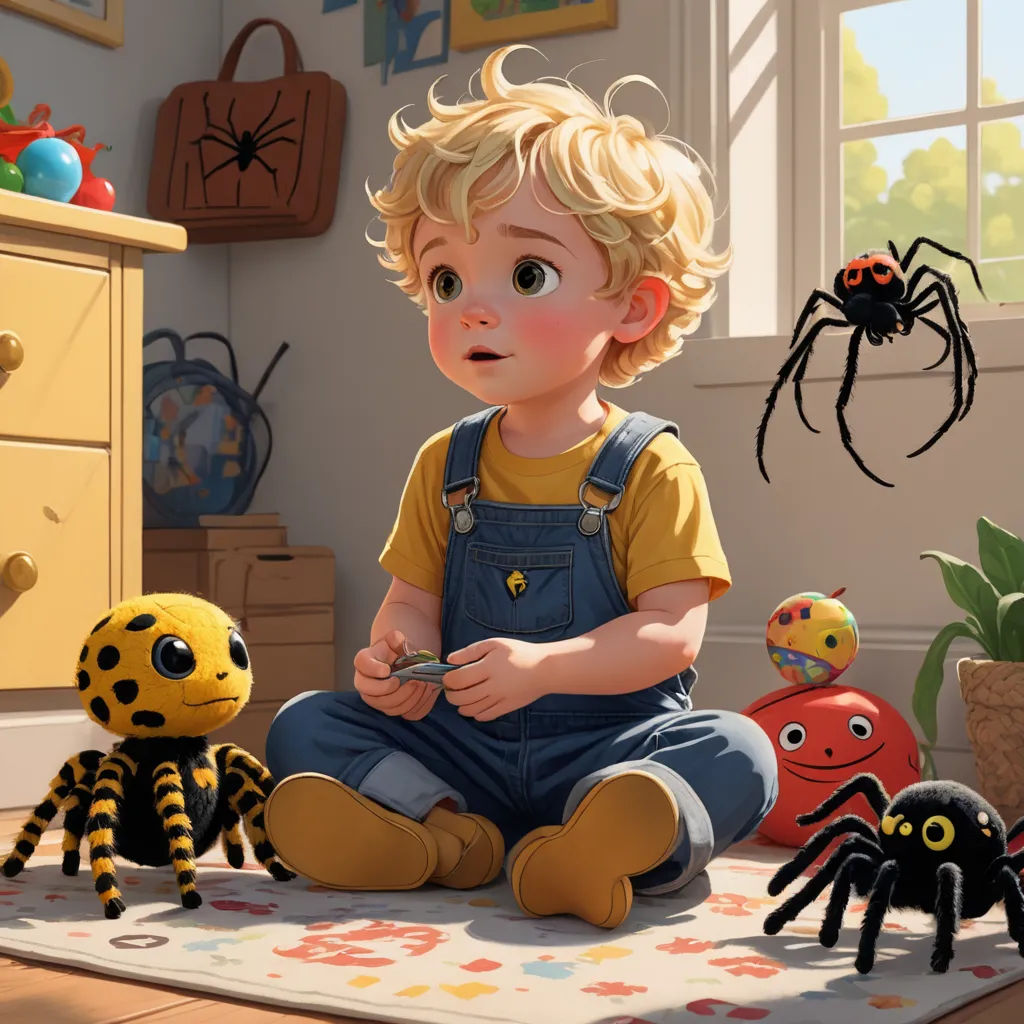 a little boy sitting on the floor with a spider toy in front of him and a spider toy in front of him, photorealism, a storybook illustration, Alejandro Burdisio, pixar style