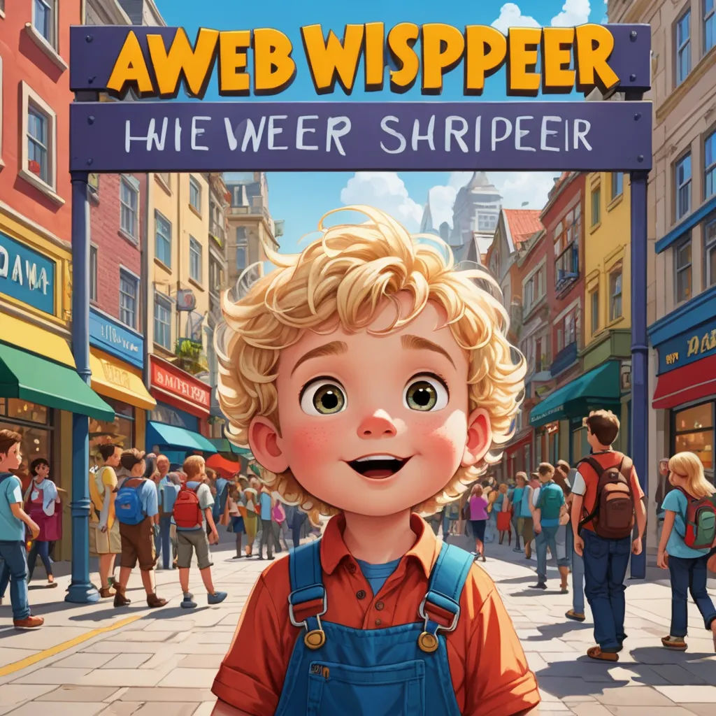 a cartoon boy with blonde hair and overalls standing in front of a street sign that says aweb wispeer, art informel, poster art, August Lemmer, promotional image
