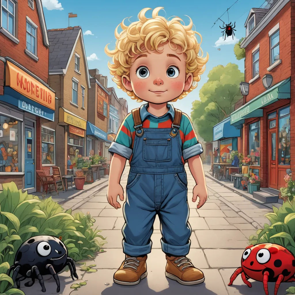 a little boy standing in front of a spider and a lady bug on a sidewalk in front of a store, sots art, a storybook illustration, Chris LaBrooy, storybook illustration