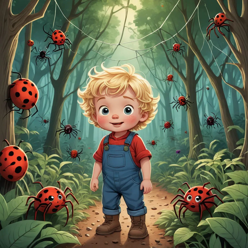 a little boy standing in the middle of a forest with lots of bugs around him and a ladybug hanging from the ceiling, lyco art, a storybook illustration, Diego Gisbert Llorens, storybook illustration