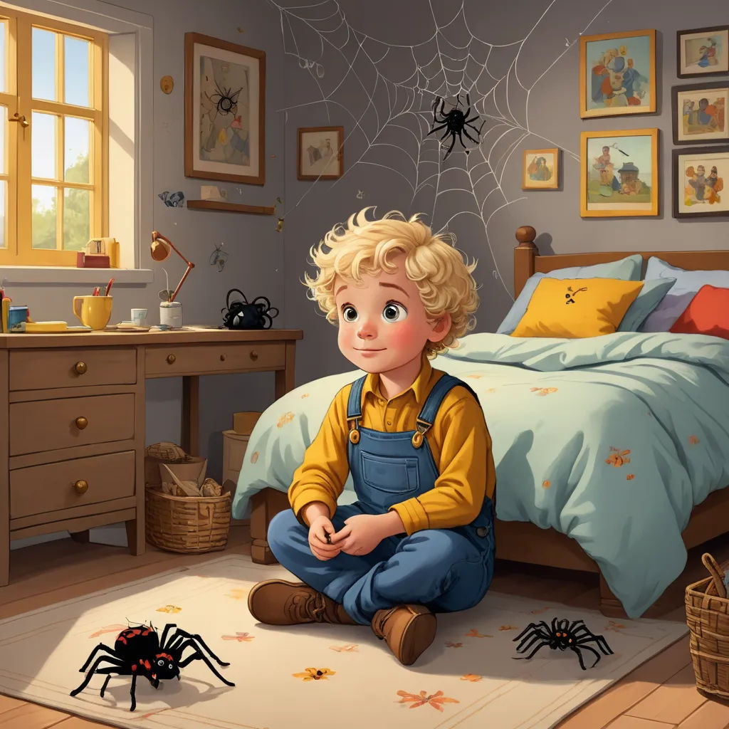 a boy sitting on the floor in a bedroom with a spider on the floor and a spider on the wall, photorealism, a storybook illustration, Diego Gisbert Llorens, storybook illustration