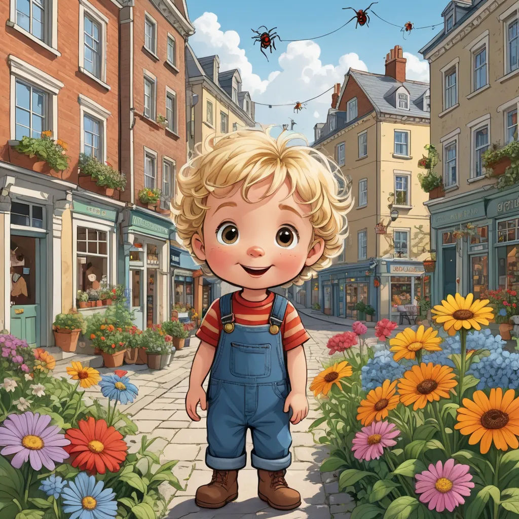 a cartoon boy standing in a flower garden in front of a building with a spider hanging from the roof, american scene painting, a storybook illustration, Cliff Childs, storybook illustration