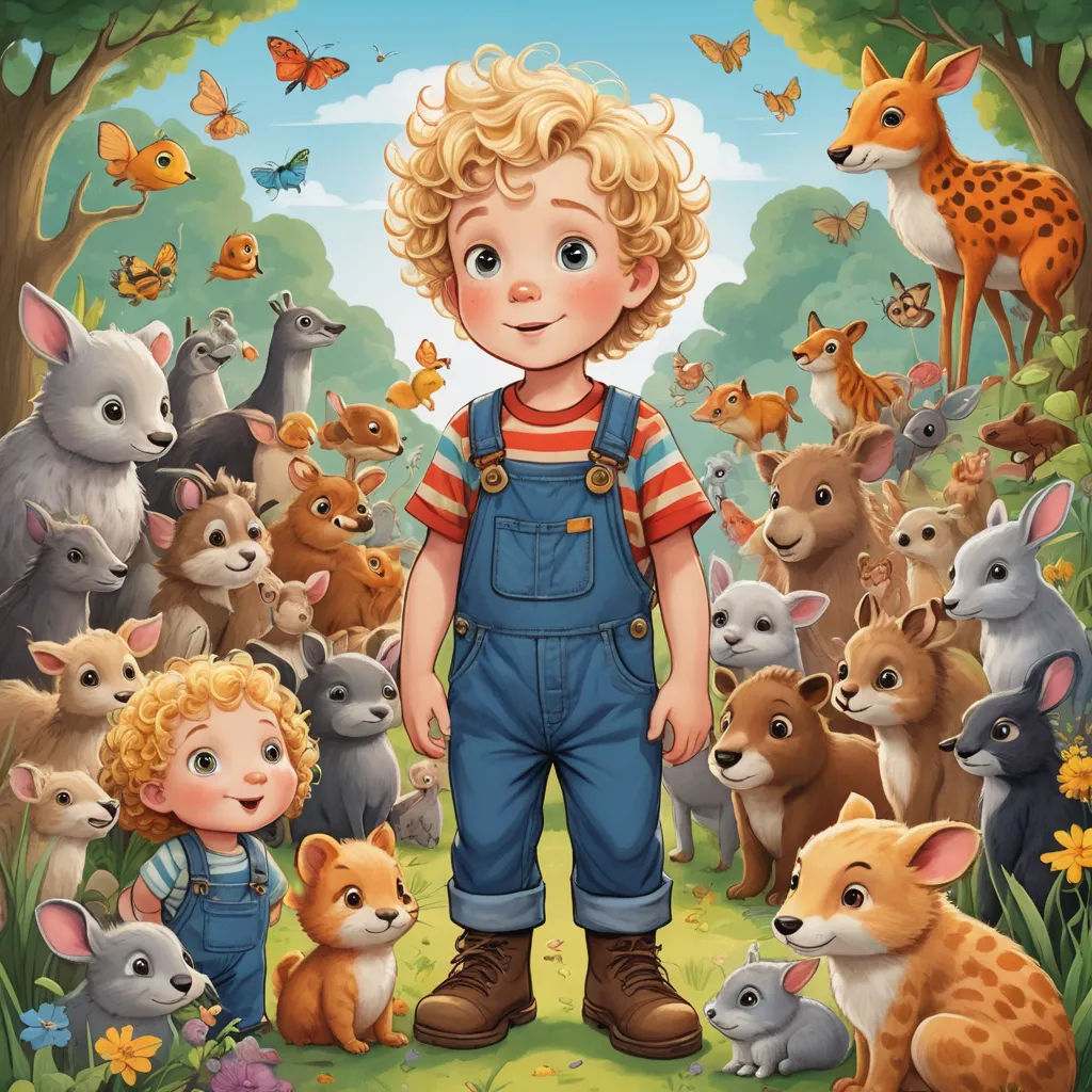 a boy standing in front of a group of animals in a forest with a forest background and a forest scene, furry art, a storybook illustration, Chris LaBrooy, storybook illustration
