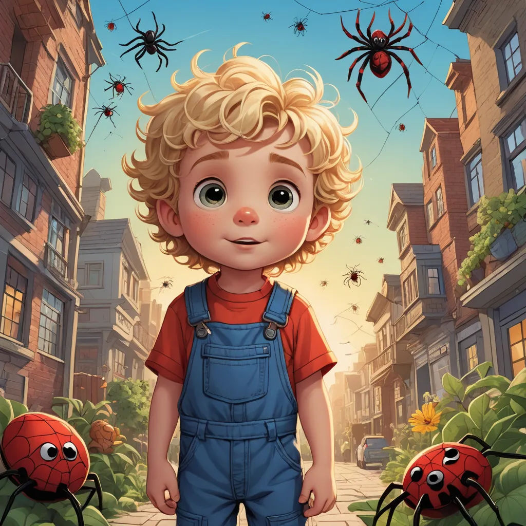 a little boy standing in front of a bunch of spider webs on a city street with a spider crawling on the ground, lyco art, a storybook illustration, Aaron Jasinski, pixar and disney animation