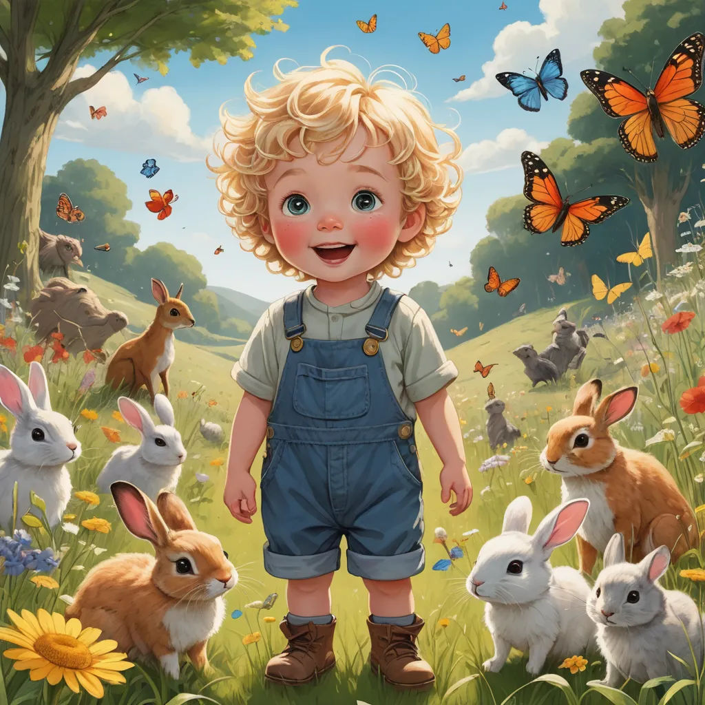 a painting of a little boy surrounded by rabbits and butterflies in a field of grass and flowers with a butterfly in the sky, magic realism, a storybook illustration, Aaron Jasinski, highly detailed digital painting