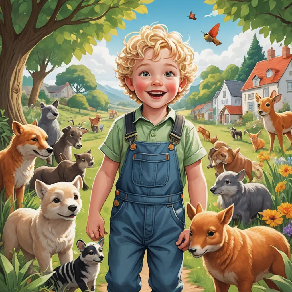 a boy standing in front of a forest filled with animals and a bird flying over him and smiling at the camera, furry art, a storybook illustration, Aaron Jasinski, storybook illustration
