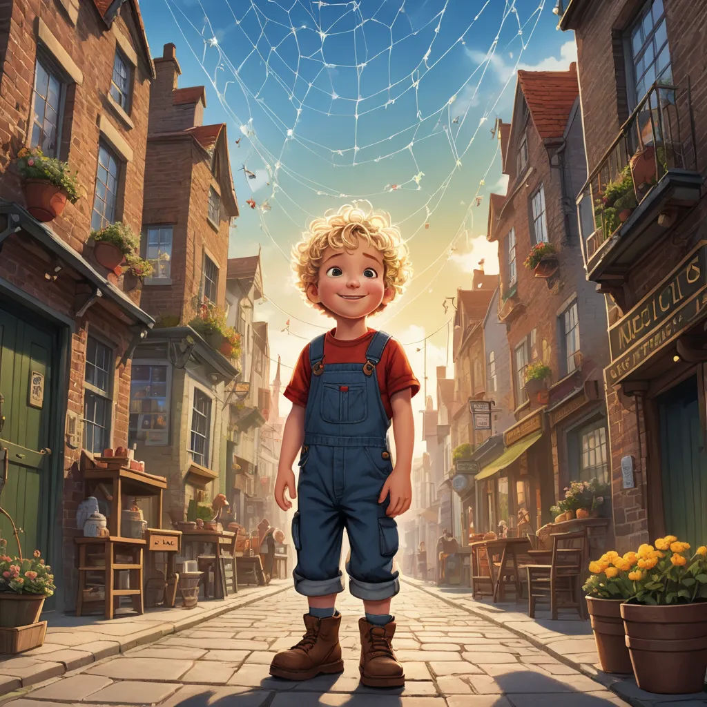 a boy standing in a street with a spider web in the sky above him and a building with a spider web in the background, photorealism, concept art, Cliff Childs, pixar and disney animation